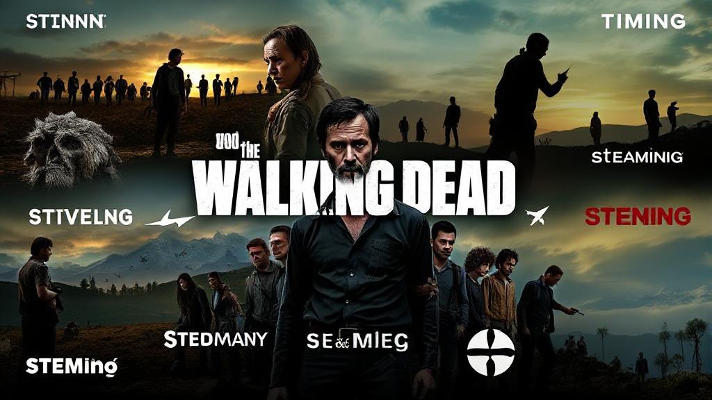 A collage of iconic scenes from The Walking Dead, featuring key characters and dramatic landscapes, set against a backdrop of streaming platform logos.