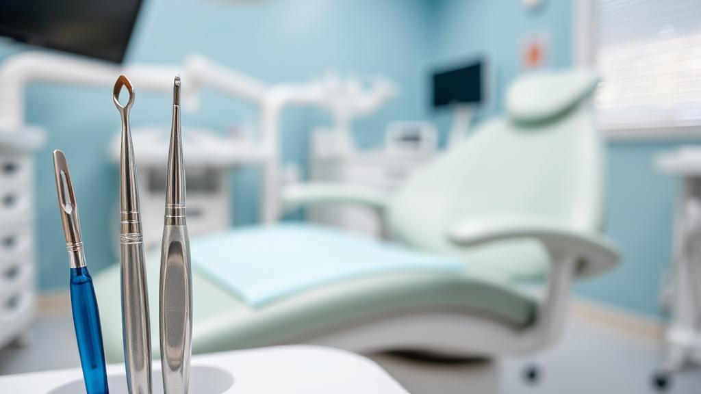 A close-up of dental tools next to a reclining dental chair in a bright, sterile clinic setting.