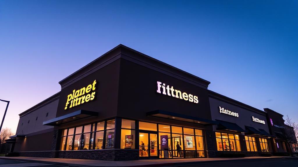 A vibrant image of a Planet Fitness gym exterior at dusk, with illuminated signage and a clear sky transitioning to night.