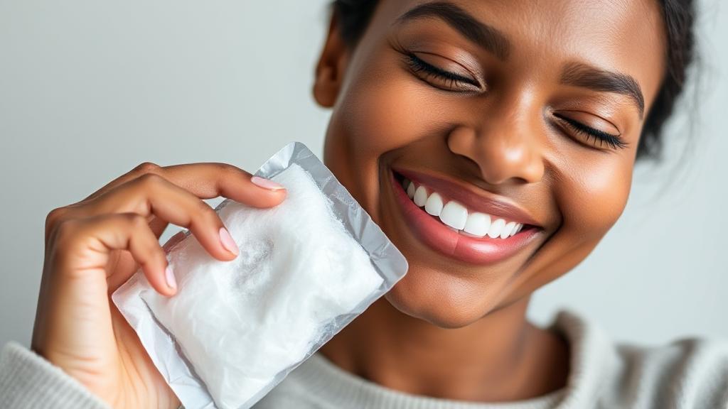A serene image of a smiling person holding an ice pack to their cheek, symbolizing comfort and recovery after a tooth extraction.