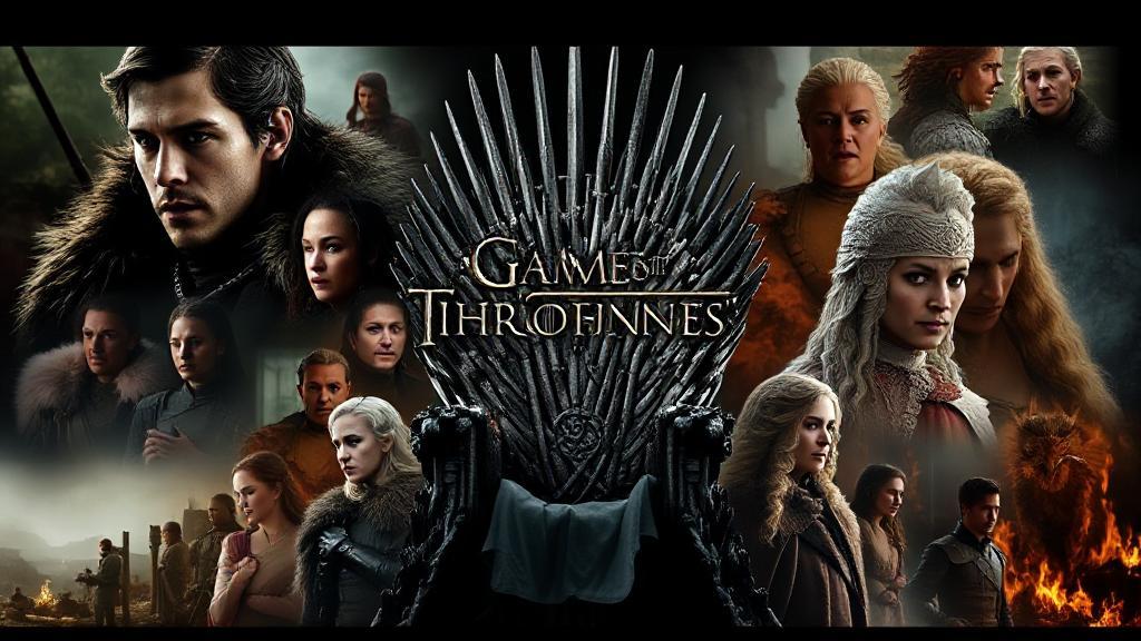 A dramatic collage of iconic Game of Thrones scenes with characters like Jon Snow and Daenerys Targaryen, set against a backdrop of the Iron Throne.