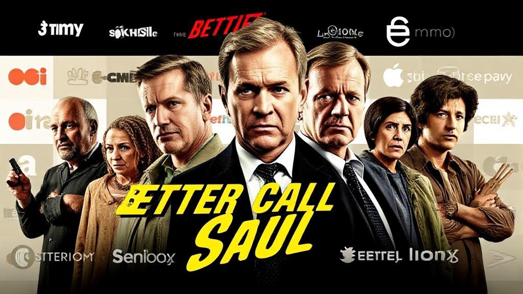 A dynamic collage featuring the main characters of "Better Call Saul" against a backdrop of streaming platform logos.