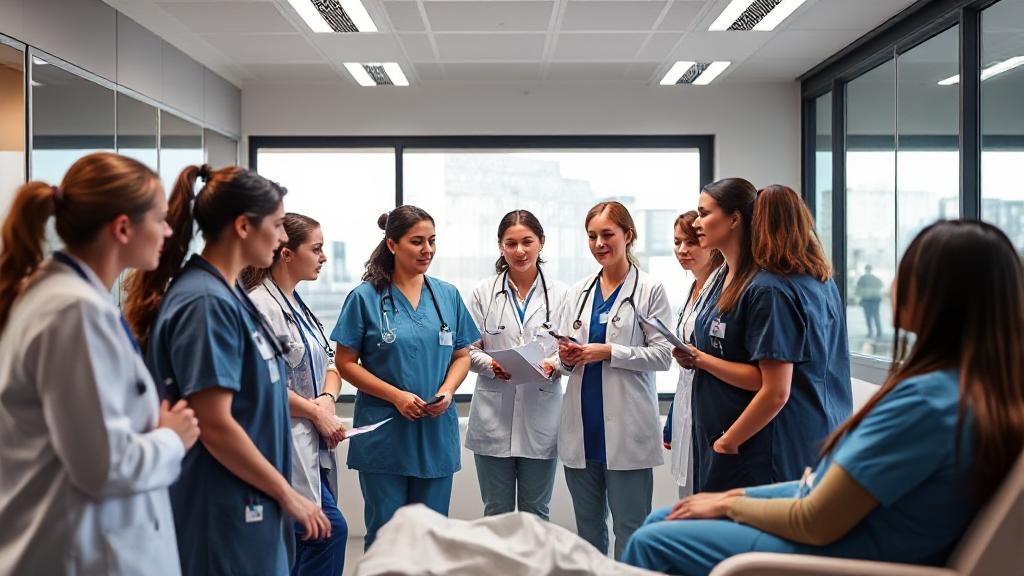 A diverse group of nurse practitioners engaged in patient care, consultations, and collaborative discussions in a modern healthcare setting.