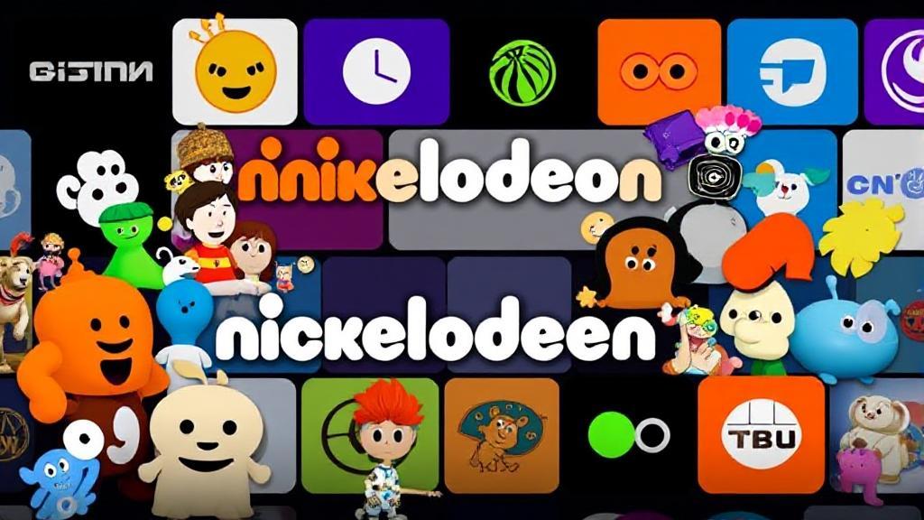 A vibrant collage of iconic Nickelodeon characters and logos set against a backdrop of streaming platform icons.