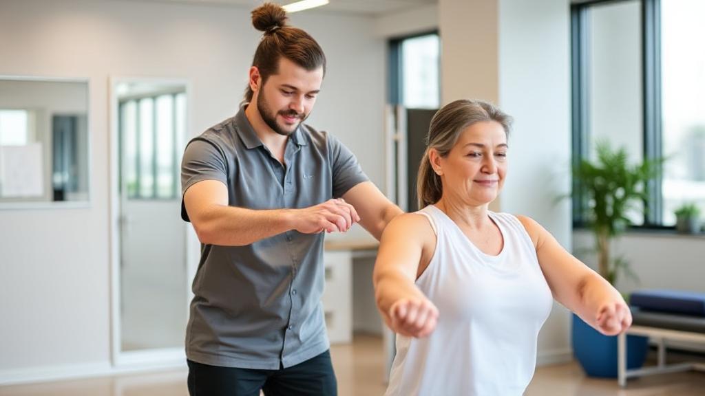 A professional physical therapist assistant guiding a patient through a rehabilitation exercise in a modern clinic setting.