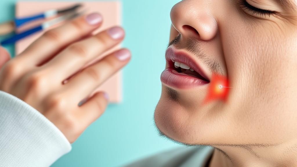 A close-up image of a person gently touching their cheek, indicating molar pain, with a background of dental tools and a diagram of a tooth.
