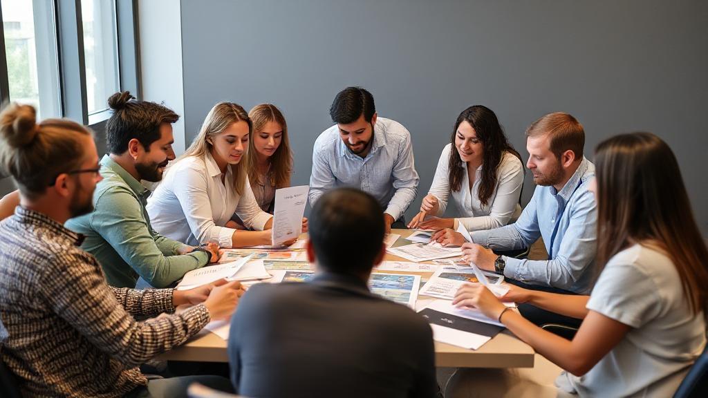 A diverse group of people gathered around a table, collaborating and discussing event planning materials.