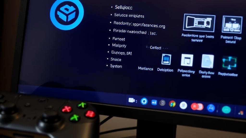 A close-up of a computer screen displaying system specifications alongside a gaming controller and software icons.