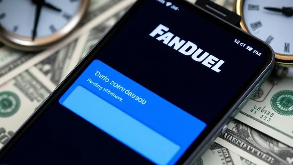 A close-up of a smartphone displaying the FanDuel app with a pending withdrawal notification, surrounded by dollar bills and a clock.
