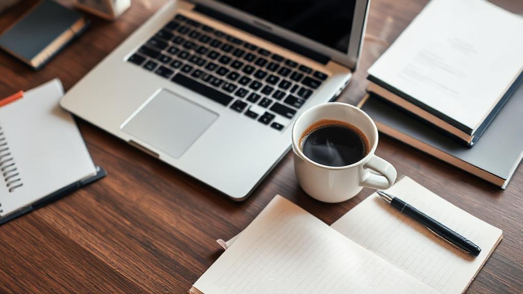 A neatly organized desk with a laptop, open notebook, pen, and a steaming cup of coffee, symbolizing a productive essay-writing session.