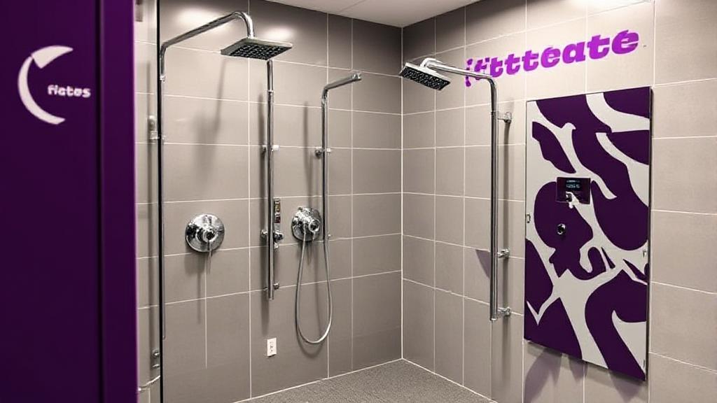A clean and modern gym shower area with sleek fixtures and vibrant Planet Fitness branding.