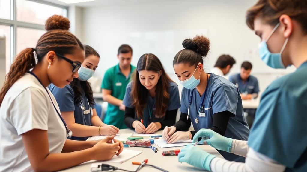 A diverse group of medical assistant students engaged in hands-on training in a modern healthcare classroom.