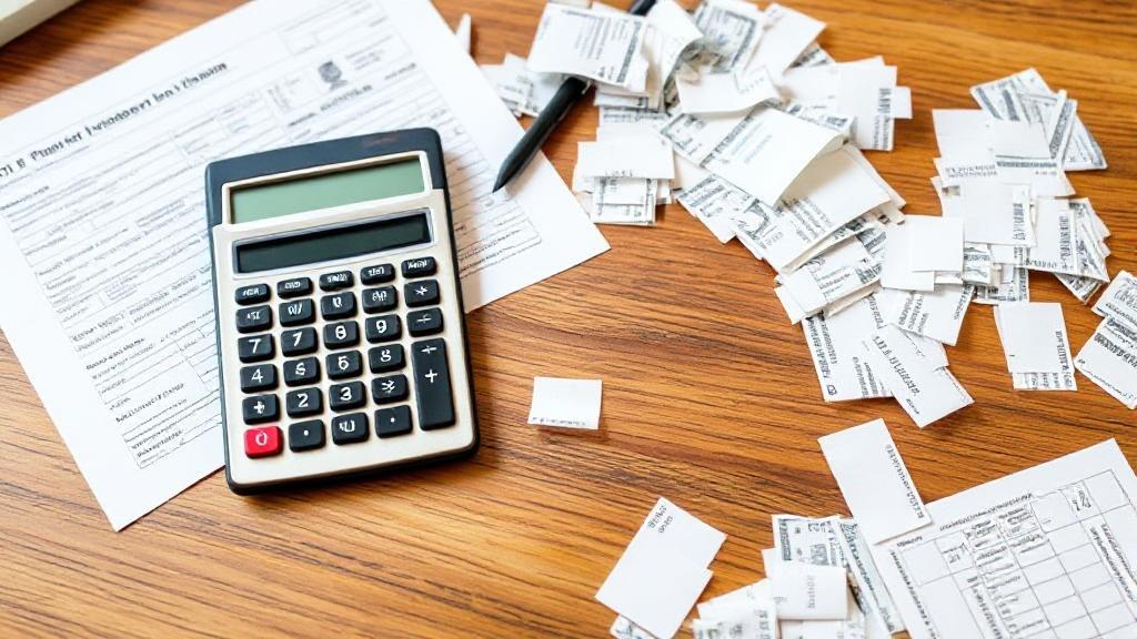 A calculator, tax forms, and scattered receipts on a wooden desk, symbolizing the financial intricacies of filing taxes.
