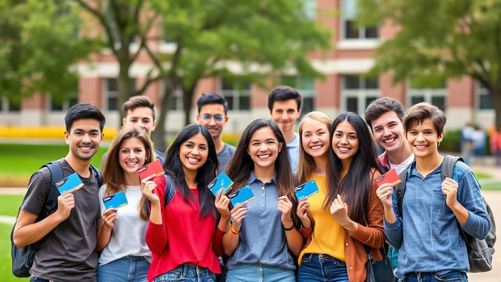 A vibrant image featuring a diverse group of students happily holding credit cards against a backdrop of a university campus.