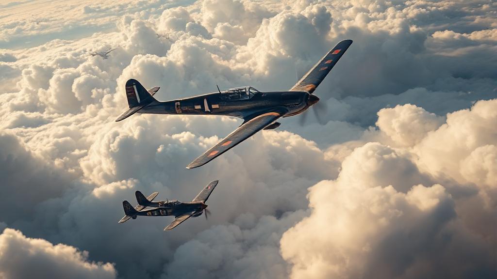 A captivating aerial view of vintage World War II aircraft soaring through a dramatic, cloud-filled sky.