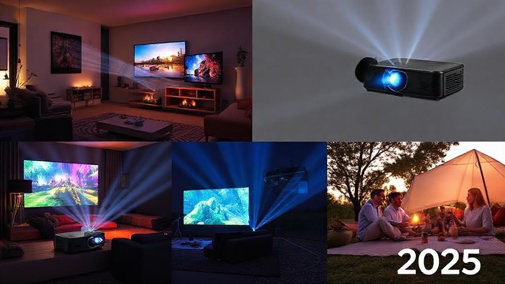 A sleek lineup of compact, modern portable projectors beaming vibrant images in various settings, from cozy living rooms to outdoor gatherings, highlighting their versatility for on-the-go entertainment in 2025.