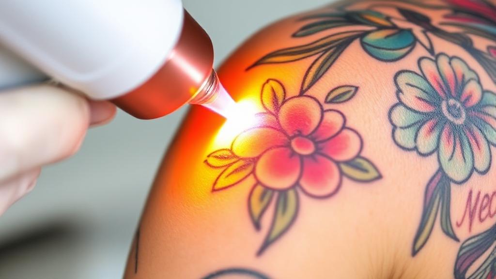 A close-up image of a laser device gently erasing a colorful tattoo from a person's arm, illustrating the process of tattoo removal.