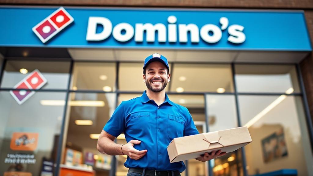 A dynamic image of a Domino's storefront with a focus on a smiling employee holding a pizza box, symbolizing the rewarding career opportunities within the company.