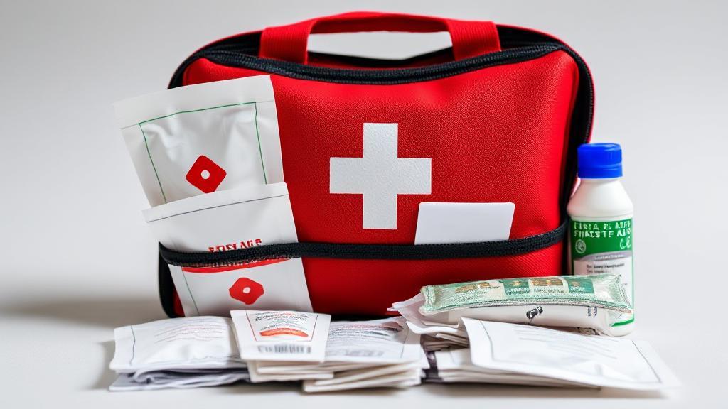 A close-up image of a first aid kit with bandages and medical supplies, set against a neutral background.