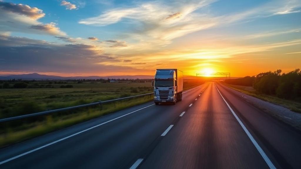 A scenic highway view with a truck driving into the sunset, symbolizing the journey and regulations of truck drivers' daily limits.