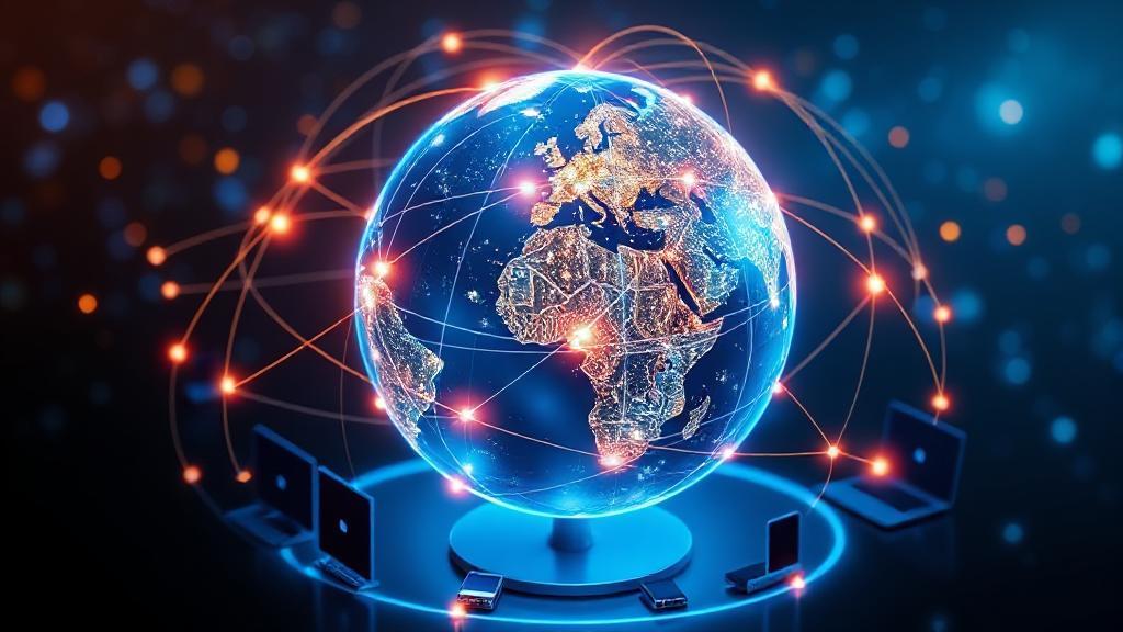 A digital illustration of a globe connected by glowing lines, symbolizing global internet connectivity, with various devices like computers and smartphones around it.