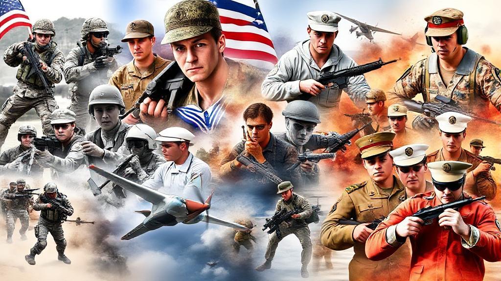 A dynamic collage of soldiers, sailors, airmen, and marines in action, representing the diverse branches of the military.