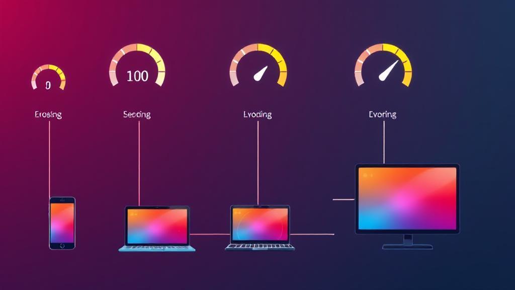 A dynamic illustration of various internet speed icons, ranging from slow to fast, with devices like a smartphone, laptop, and smart TV connected by a network of glowing lines.