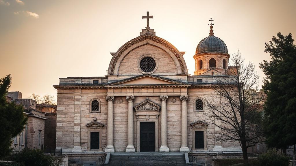 A serene depiction of the Church of the Holy Sepulchre, bathed in soft light, symbolizing the intersection of history and faith.