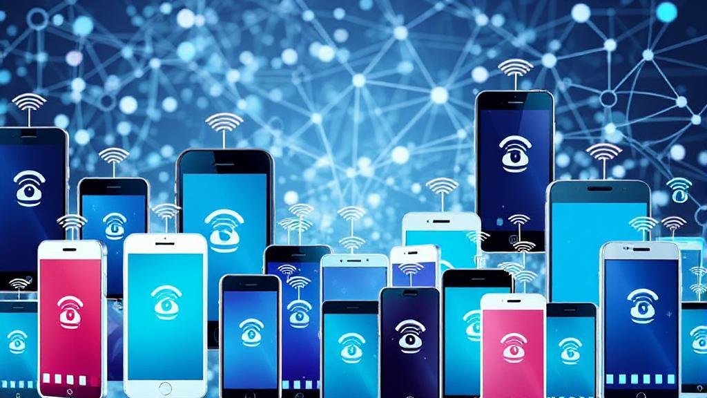 A dynamic collage of various smartphones with signal bars and network icons, set against a backdrop of interconnected digital networks.