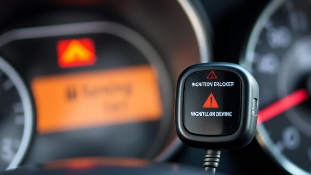 A close-up image of a car dashboard displaying an ignition interlock device with a warning alert.