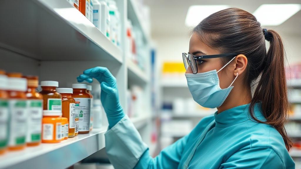 A professional pharmaceutical technician organizing medication bottles on a shelf in a well-lit pharmacy setting.