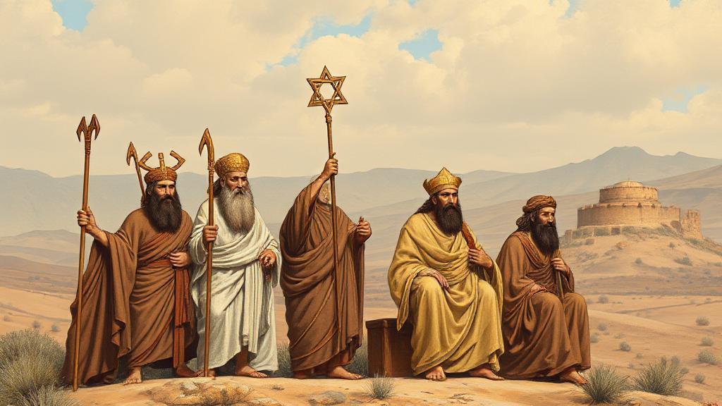 A historical depiction of ancient Israelite leaders and symbols, set against a backdrop of early Judaic landscapes.
