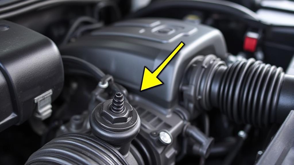 A close-up image of a car engine with an arrow pointing to the transmission fluid dipstick.
