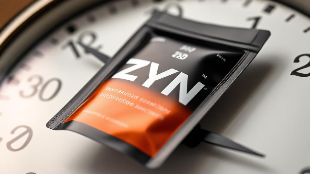 A close-up image of a Zyn pouch resting on a clock face, symbolizing the duration of its effects.