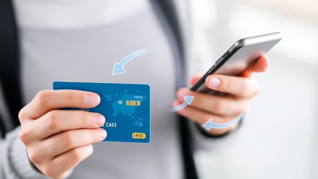 A person holding a credit card and a smartphone, with a digital illustration of arrows symbolizing the transfer of balance between cards.