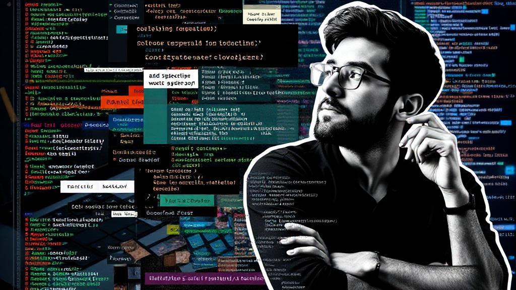 A dynamic collage of code snippets, a keyboard, and a developer deep in thought, symbolizing the multifaceted role of a software developer.