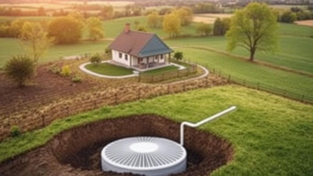 A serene rural landscape with a house and a septic tank, illustrating the importance of regular maintenance.