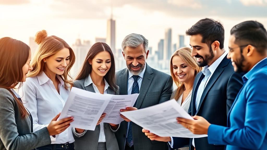 A diverse group of professionals reviewing insurance documents with a city skyline in the background, symbolizing trust and financial security.