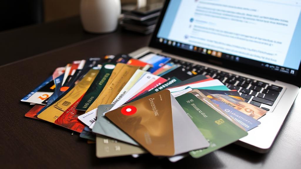 A collage of diverse credit cards fanned out on a table, with a laptop displaying a Reddit discussion thread in the background.