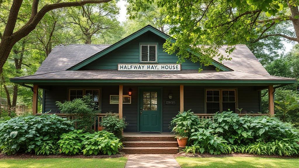 A welcoming halfway house surrounded by lush greenery, symbolizing hope and transition.