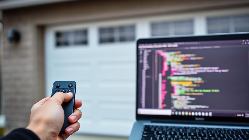 A close-up shot of a person holding a remote control in front of a garage door, with a laptop displaying coding software in the background.