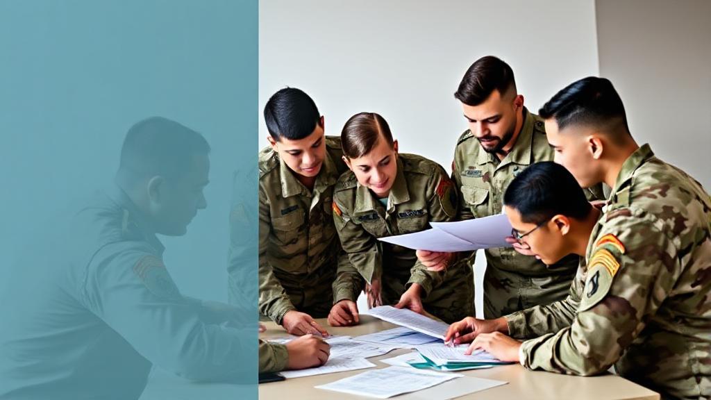 A diverse group of soldiers in uniform discussing financial documents around a table, symbolizing the comprehensive understanding of army pay, benefits, and allowances.