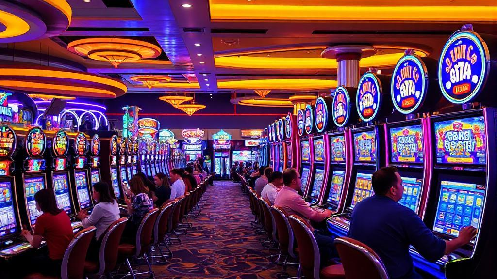 A vibrant casino scene with rows of colorful slot machines and players eagerly trying their luck.