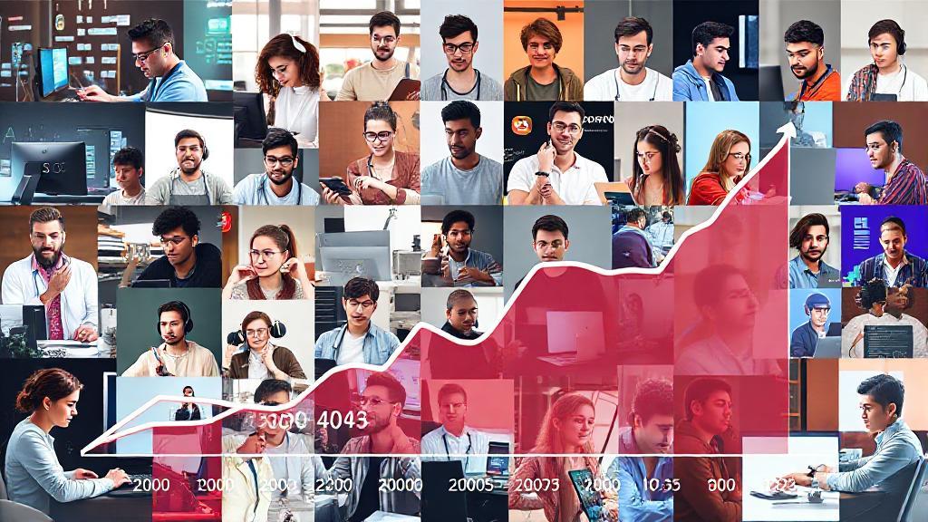 A dynamic collage of diverse software engineers working on computers, overlaid with a graph depicting salary trends in 2023.