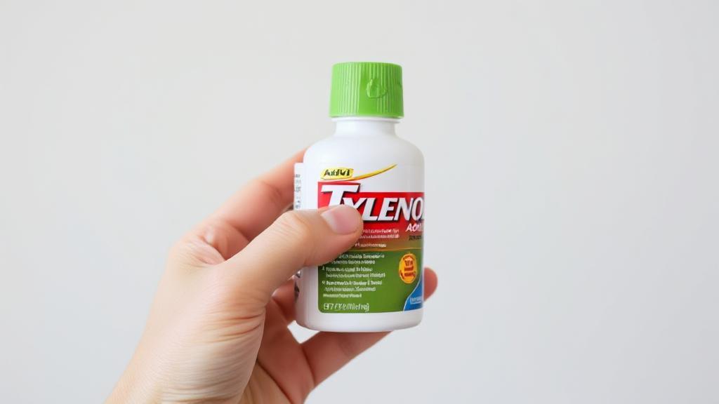 A close-up image of a hand holding a bottle of Advil and a bottle of Tylenol against a neutral background.