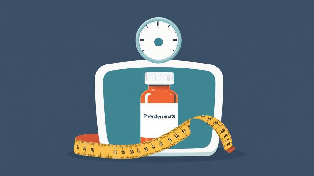 A dynamic illustration of a scale, a pill bottle labeled "Phentermine," and a measuring tape, symbolizing the journey of weight loss.