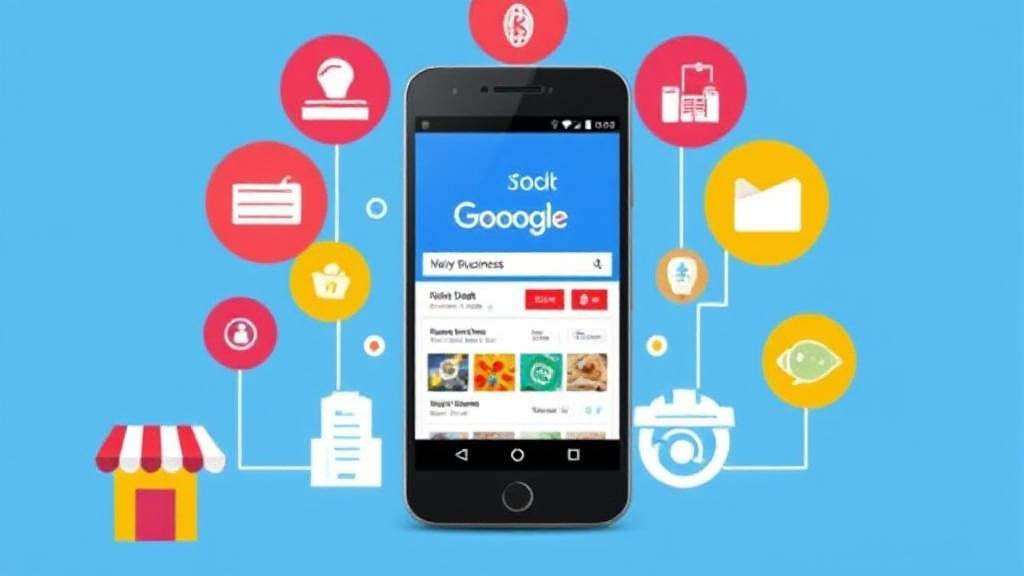 A vibrant header image featuring a smartphone displaying the Google My Business app interface, surrounded by icons representing business growth and digital connectivity.