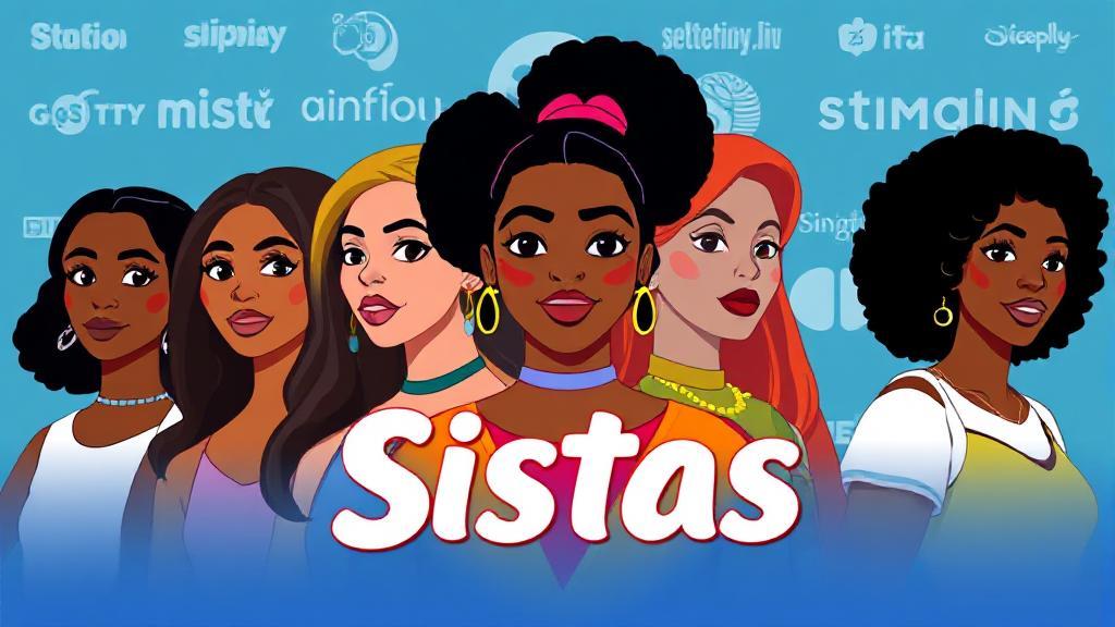 A vibrant collage of the main characters from "Sistas" set against a backdrop of streaming platform logos.