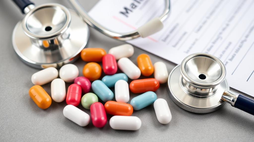 A selection of various generic Cialis pills displayed alongside a stethoscope and a doctor's prescription pad.