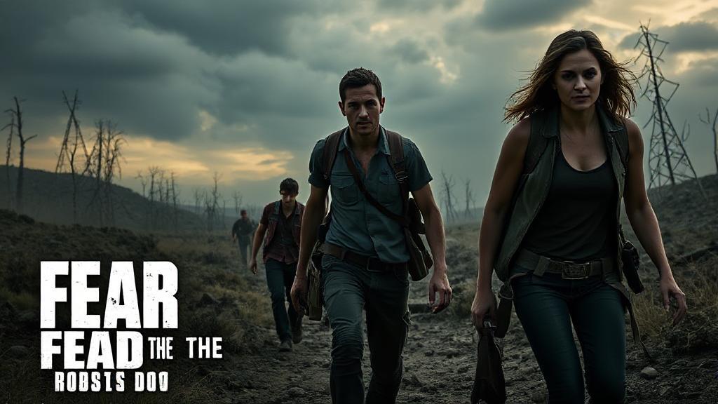 A gripping image of the main characters from "Fear the Walking Dead" navigating a post-apocalyptic landscape, setting the tone for streaming the intense series online.